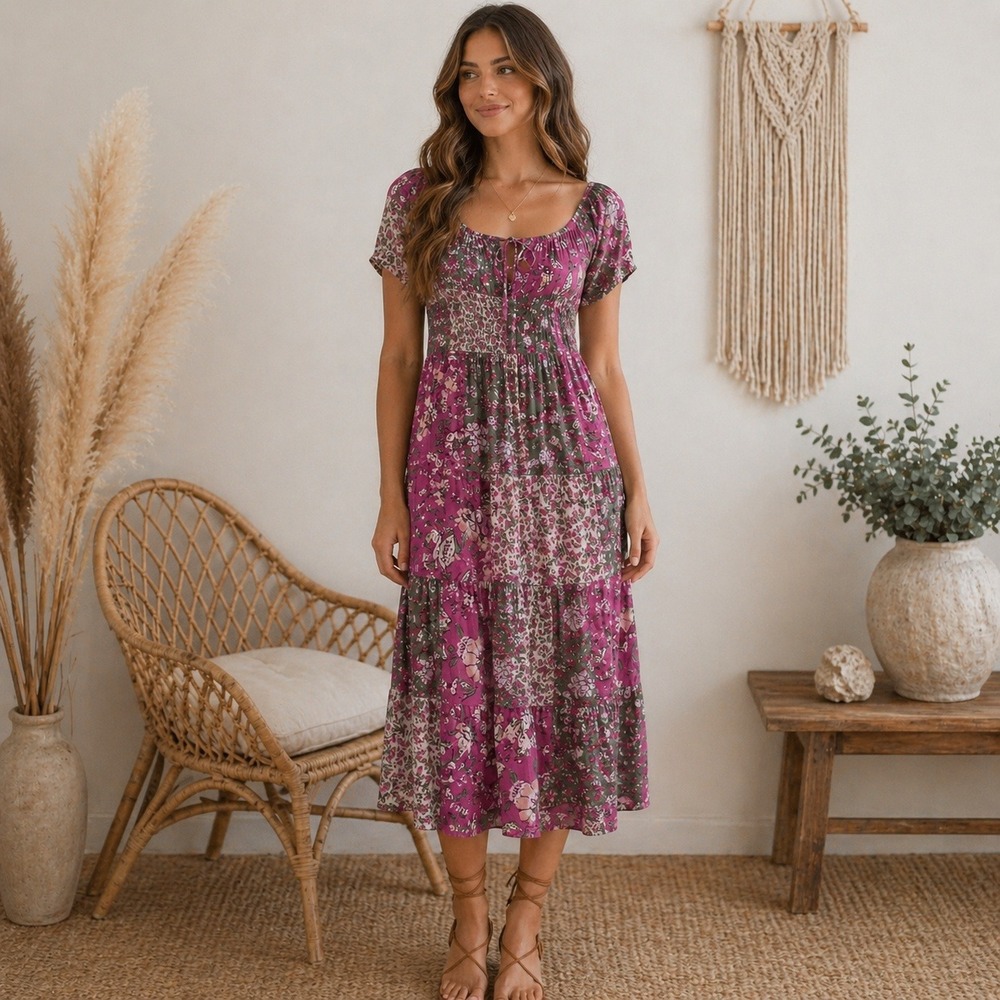 Rewind Boho Peasant Patchwork Floral Crinkle Tiered Midi Dress Babydoll XS